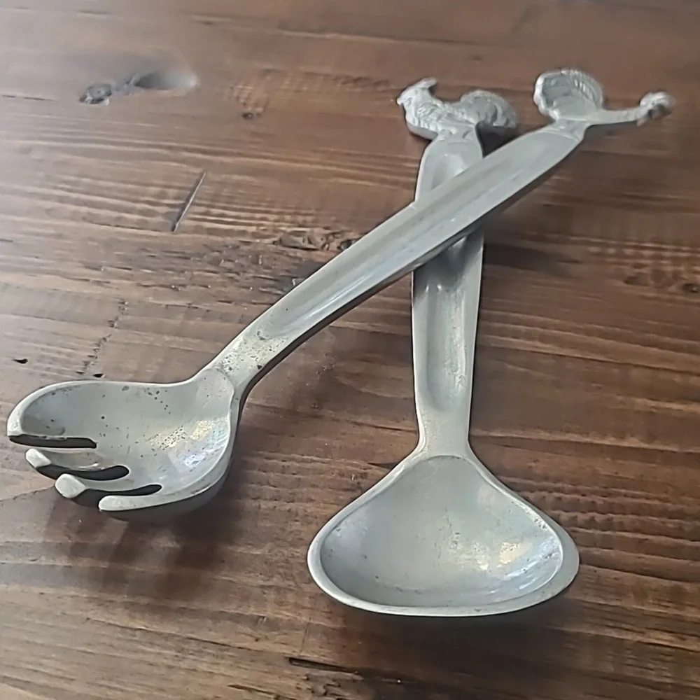 Pewter Silver Rooster Handle Salad Servers